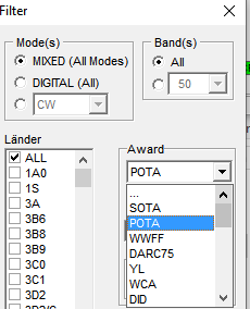 Screenshot Auswahlliste Award (> QSO >  Export > ADIF V3 Filter )